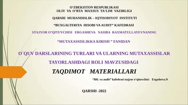 O`quv darslarining turlari va ularning mutaxassislar tayyorlashdagi roli 1
