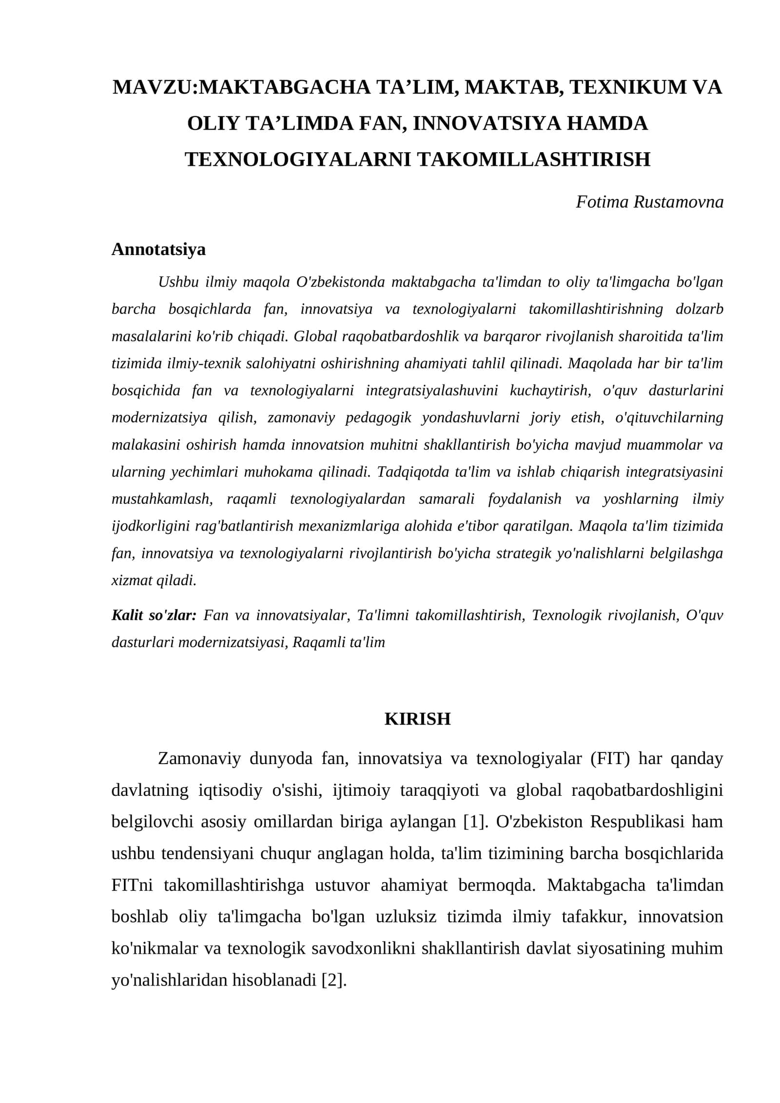 MAKTABGACHA TAʼLIM, MAKTAB, TEXNIKUM VA OLIY TAʼLIMDA FAN, INNOVATSIYA HAMDA TEXNOLOGIYALARNI TAKOMILLASHTIRISH 1