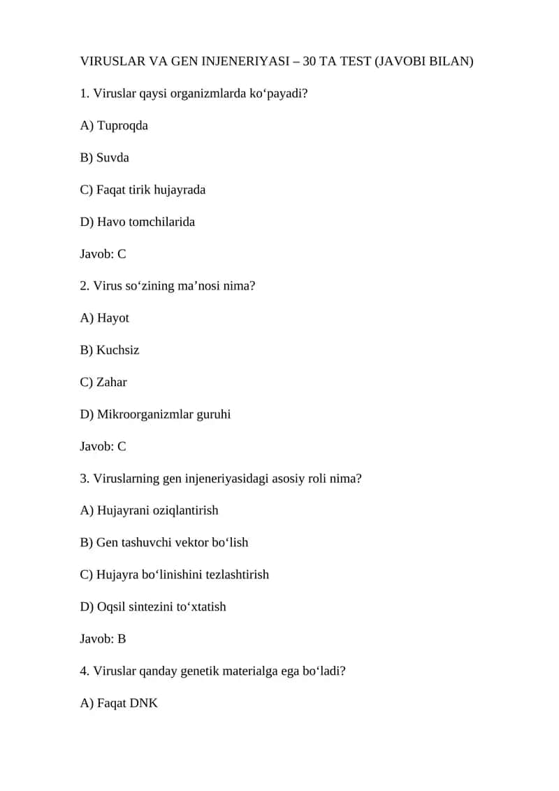 VIRUSLAR VA GEN INJENERIYASI – 30 TA TEST (JAVOBI BILAN) 1