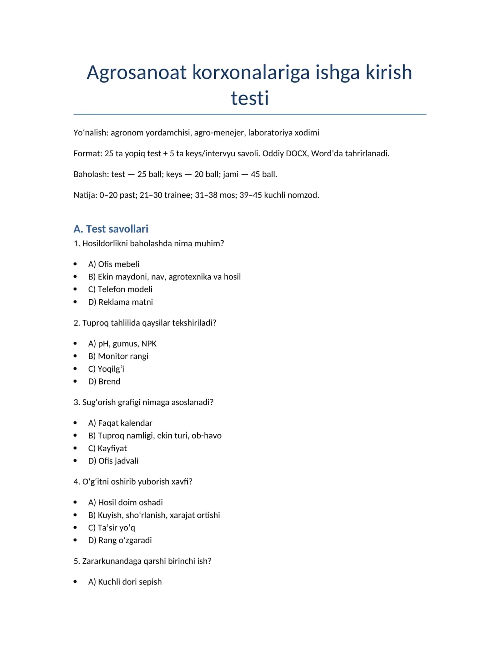 Agrosanoat korxonalariga ishga kirish testi 1