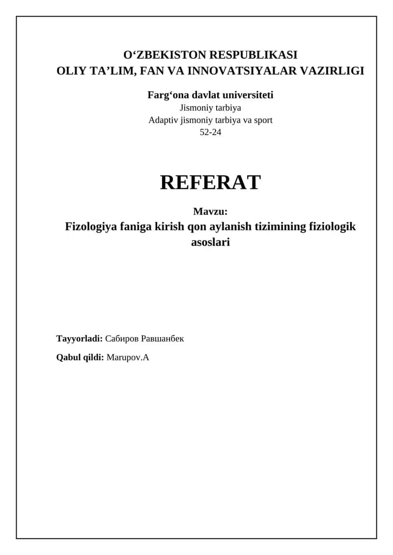Fizologiya faniga kirish qon aylanish tizimining fiziologik asoslari 1