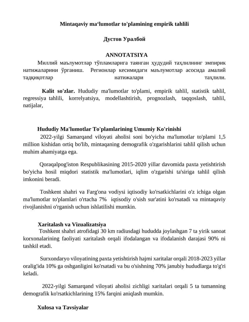 Hududiy Ma'lumotlar To'plamlarining Umumiy Ko'rinishi 1
