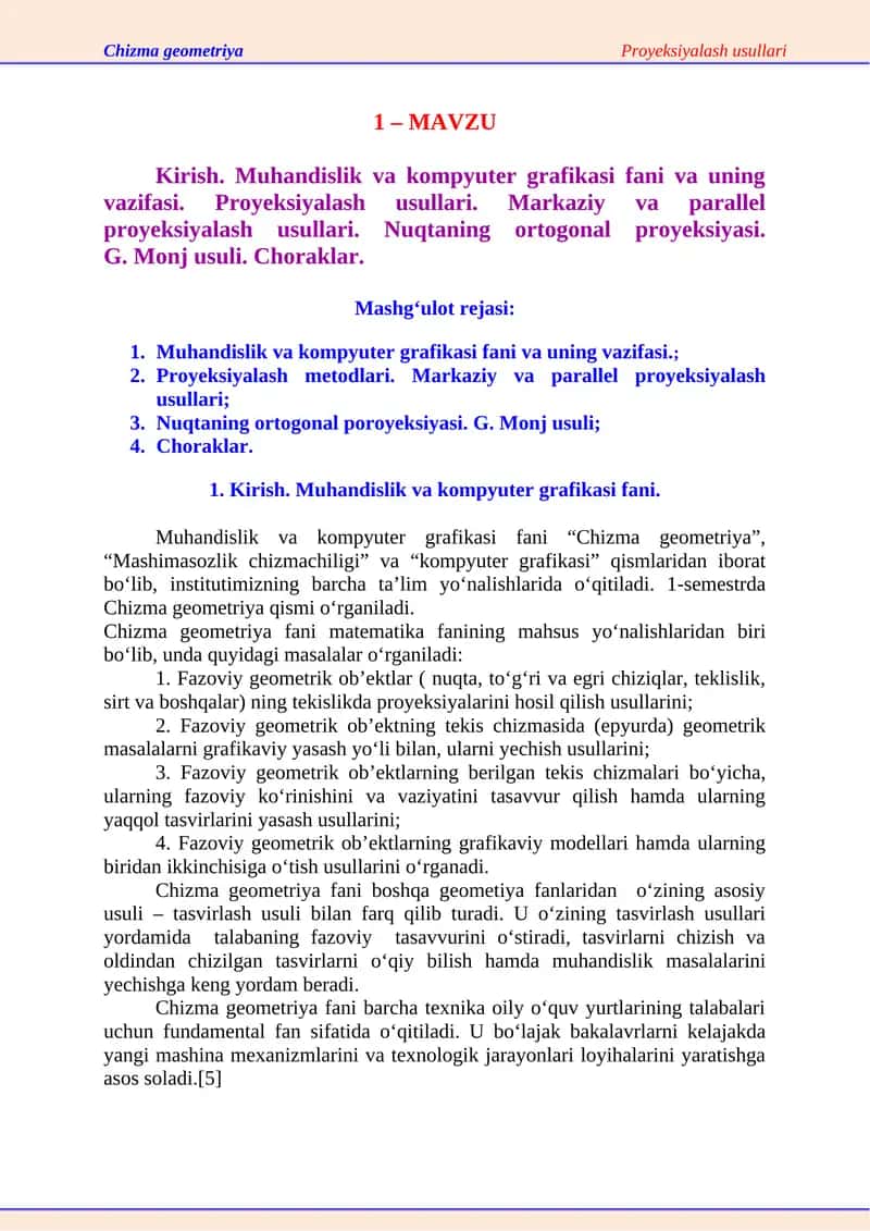 Chizma geometriyaProyeksiyalash usullari 1