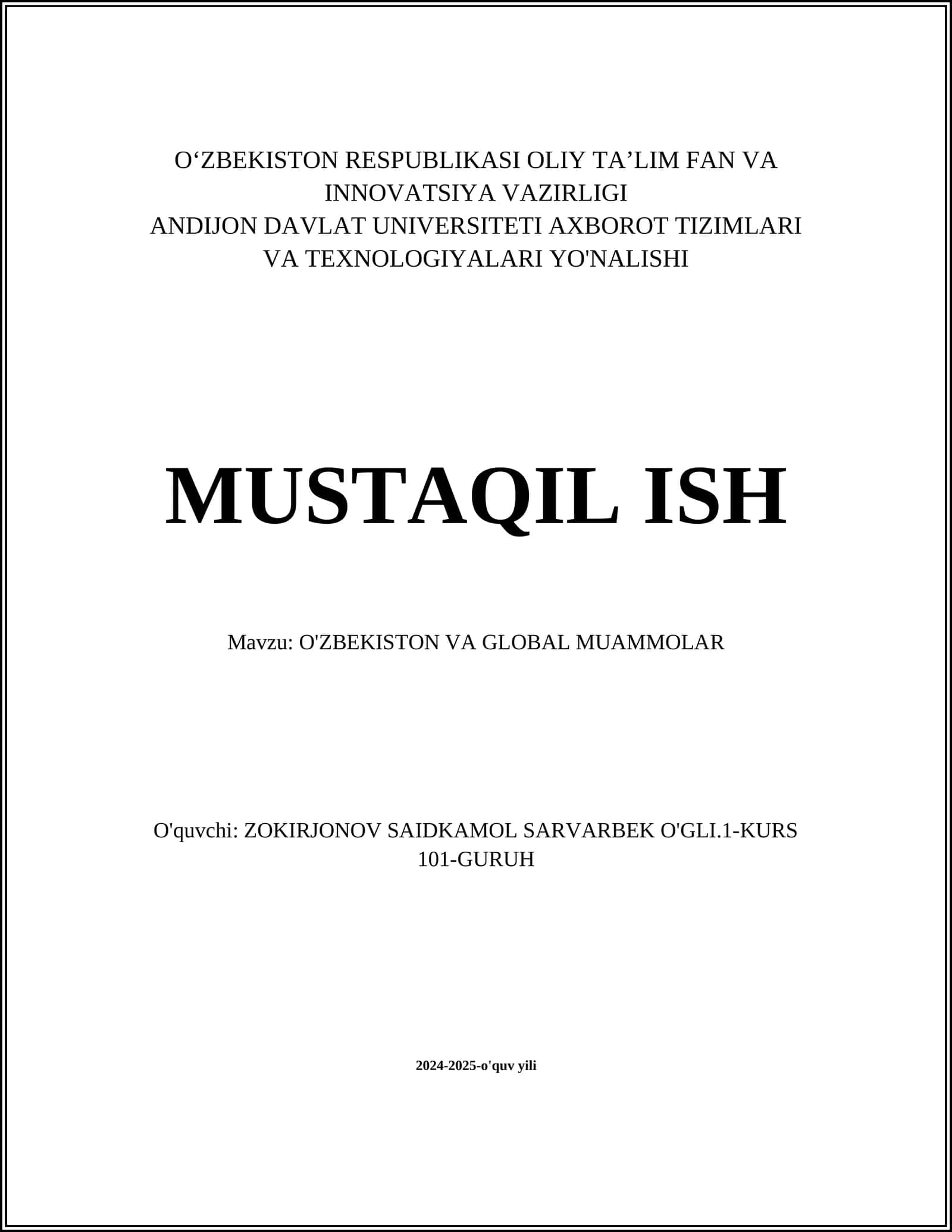 O'ZBEKISTON VA GLOBAL MUAMMOLAR 1