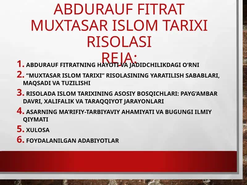 Abdurauf Fitratning "Muxtasar islom tarixi" risolasi 1