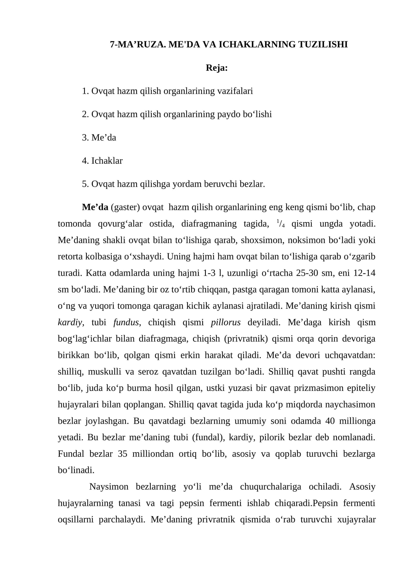 7-MA’RUZA. ME'DA VA ICHAKLARNING TUZILISHI 1