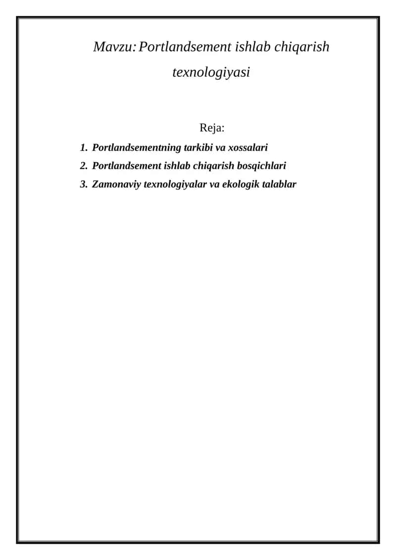 Portlandsement ishlab chiqarish texnologiyasi 1