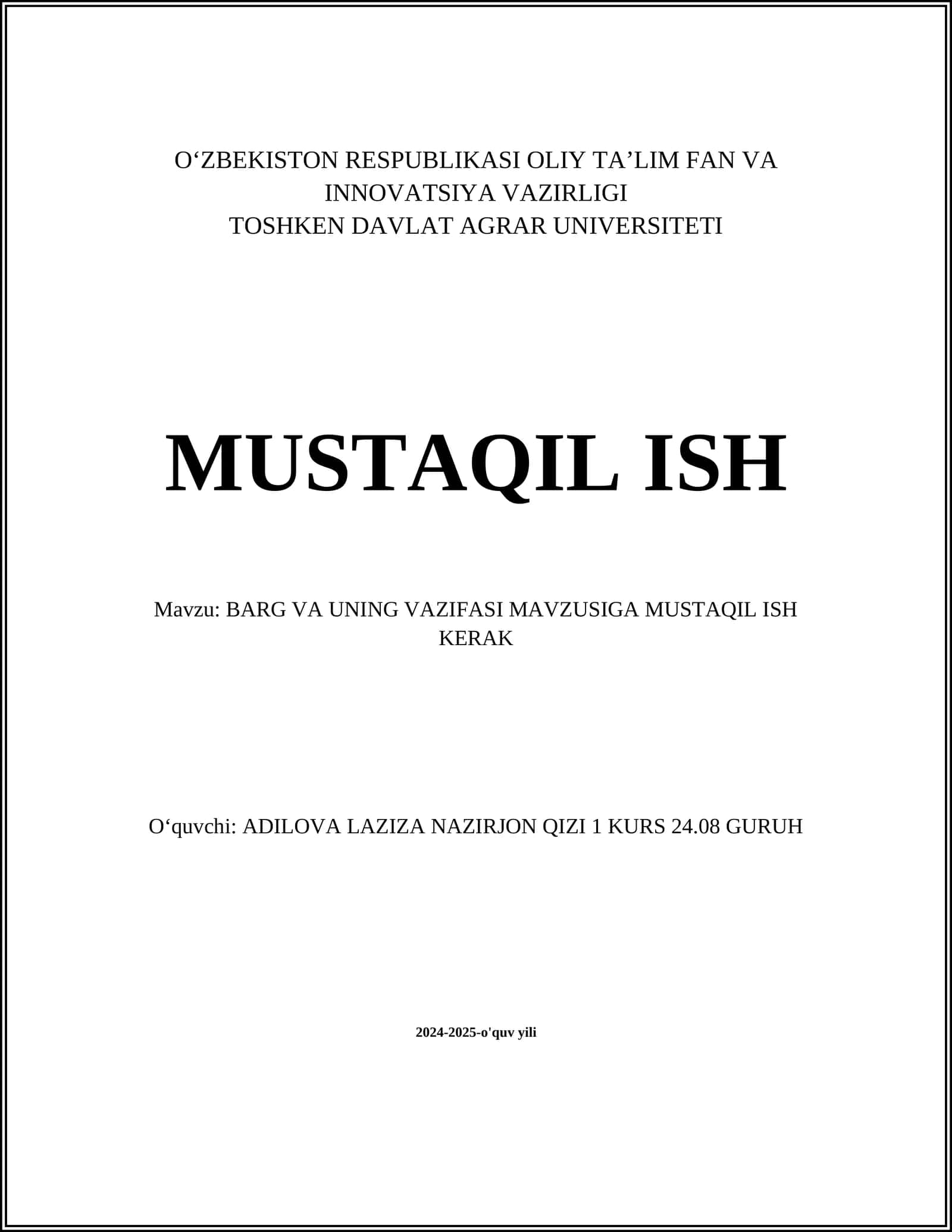 BARG VA UNING VAZIFASI MAVZUSIGA MUSTAQIL ISH 1