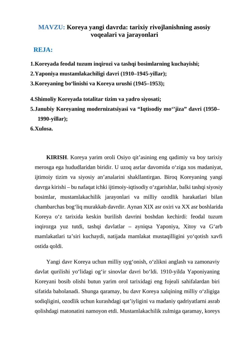 Koreya yangi davrda: tarixiy rivojlanishning asosiy voqealari va jarayonlari 1