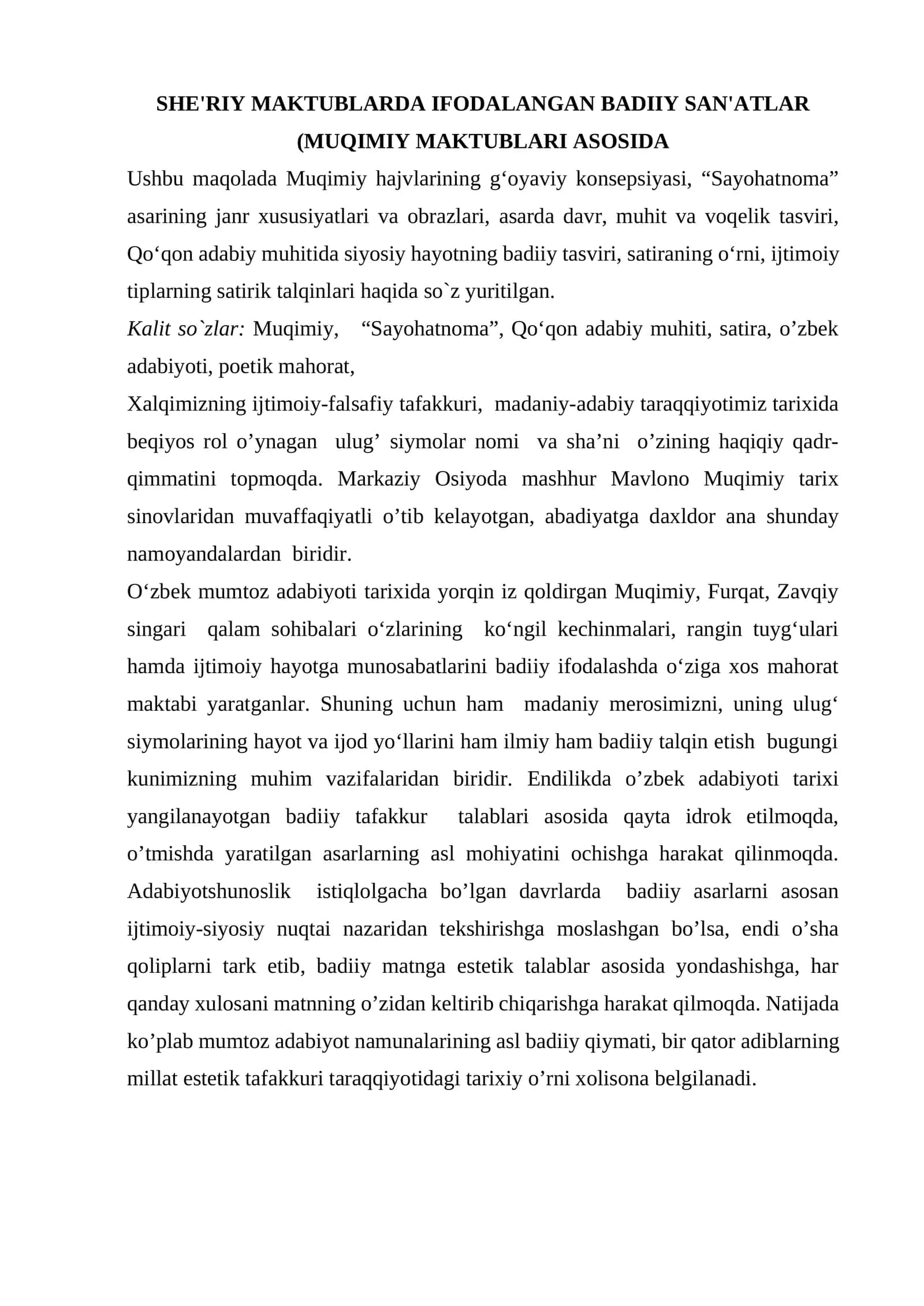 SHE'RIY MAKTUBLARDA IFODALANGAN BADIIY SAN'ATLAR (MUQIMIY MAKTUBLARI ASOSIDA) 1