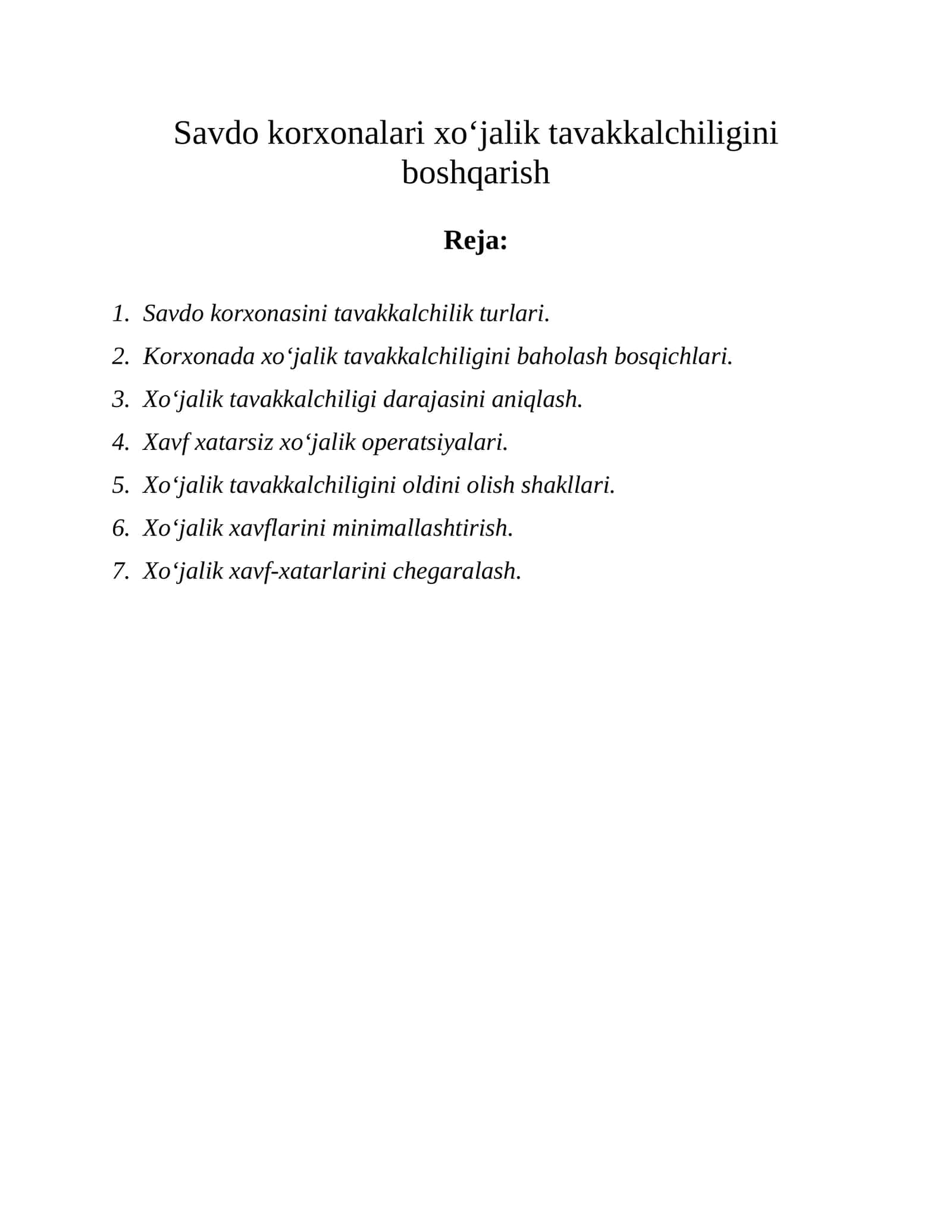 Xo‘jalik tavakkalchiligini boshqarish 1
