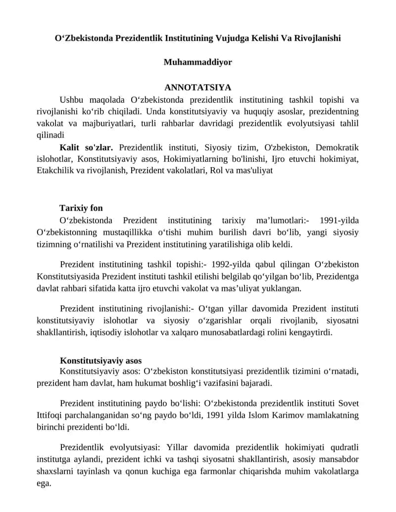 Oʻzbekistonda Prezidentlik Institutining Vujudga Kelishi Va Rivojlanishi 1