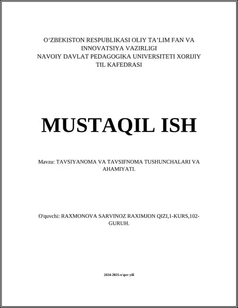 TAVSIYANOMA VA TAVSIFNOMA TUSHUNCHALARI VA AHAMIYATI