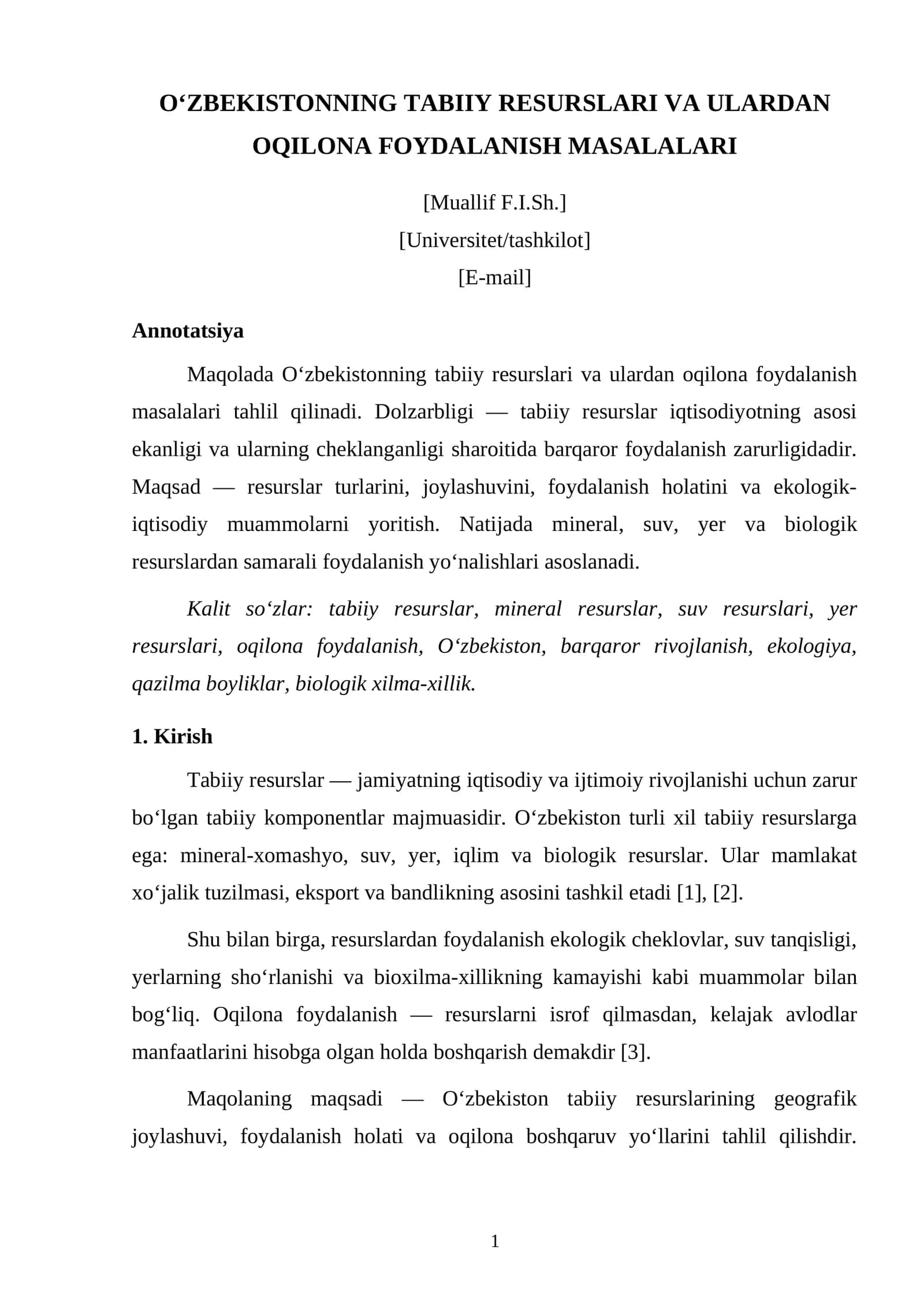 O‘ZBEKISTONNING TABIIY RESURSLARI VA ULARDAN OQILONA FOYDALANISH MASALALARI 1