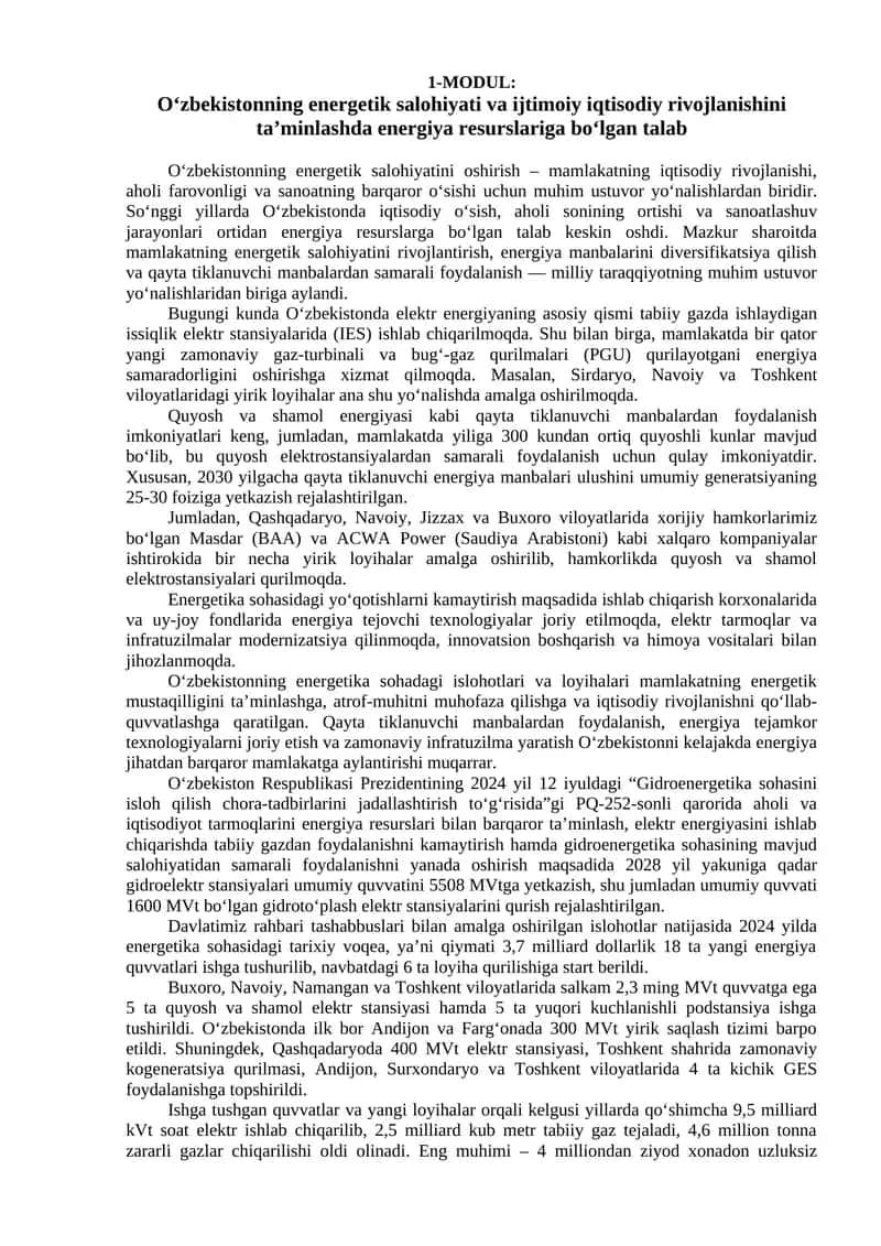 O‘zbekistonning energetik salohiyati va ijtimoiy iqtisodiy rivojlanishini ta’minlashda energiya resurslariga bo‘lgan talab 1
