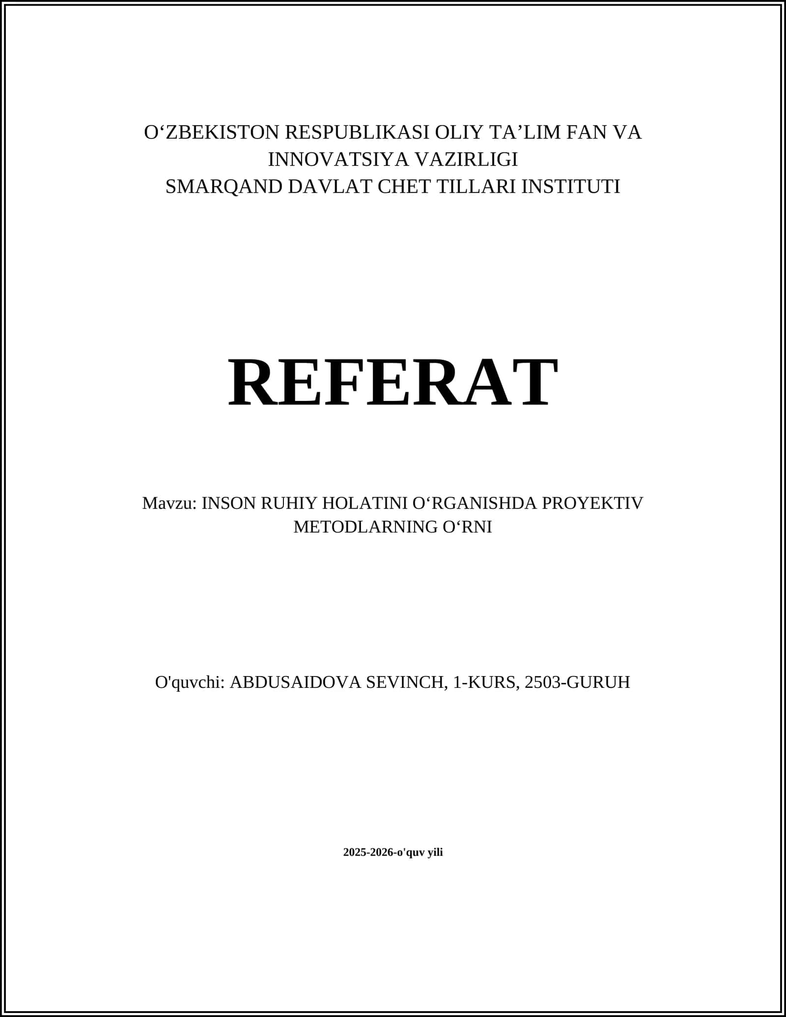 INSON RUHIY HOLATINI O‘RGANISHDA PROYEKTIV METODLARNING O‘RNI 1