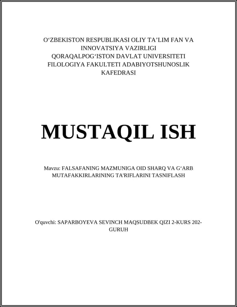 FALSAFANING MAZMUNIGA OID SHARQ VA GʻARB MUTAFAKKIRLARINING TA'RIFLARINI TASNIFLASH 1