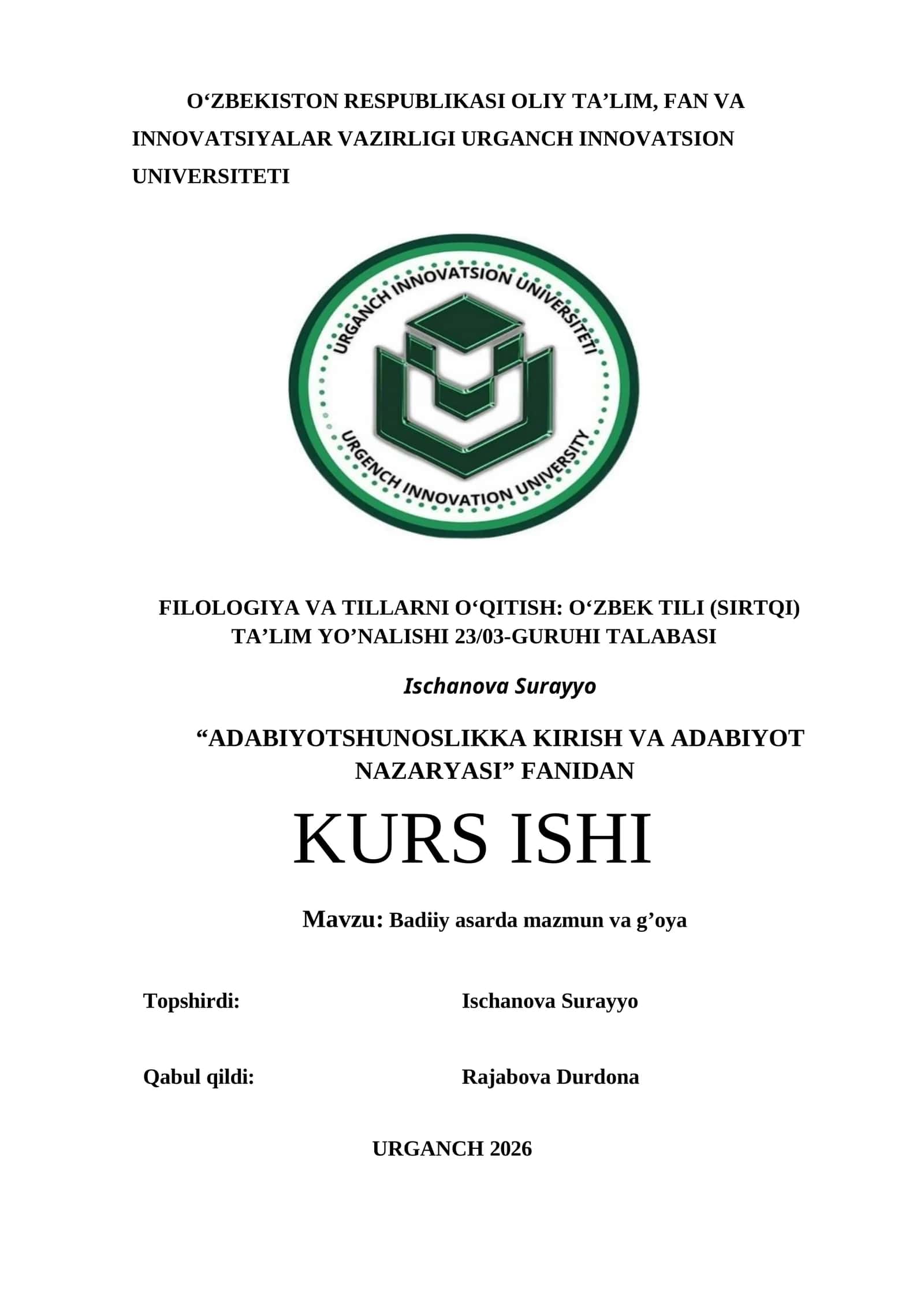 “ADABIYOTSHUNOSLIKKA KIRISH VA ADABIYOT NAZARYASI” KURS ISHI 1