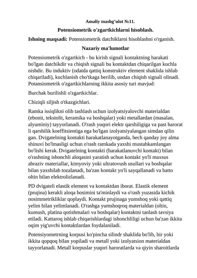 Potensiometrik o'zgartkichlar 1