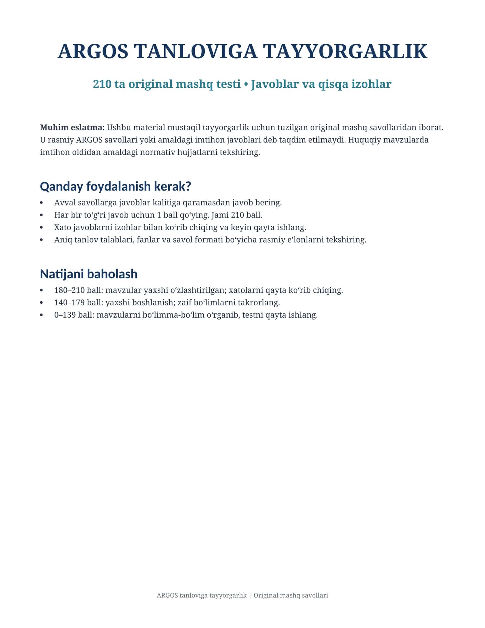 AGROS imtihoniga tayyorgarlik — 210 ta test va javoblar to‘plami 1