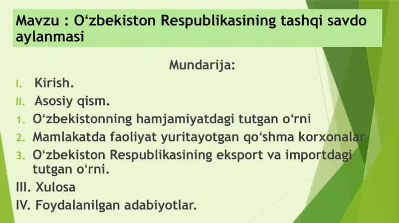 Taqdimot. Oʻzbekiston Respublikasining tashqi savdo aylanmasi. 1