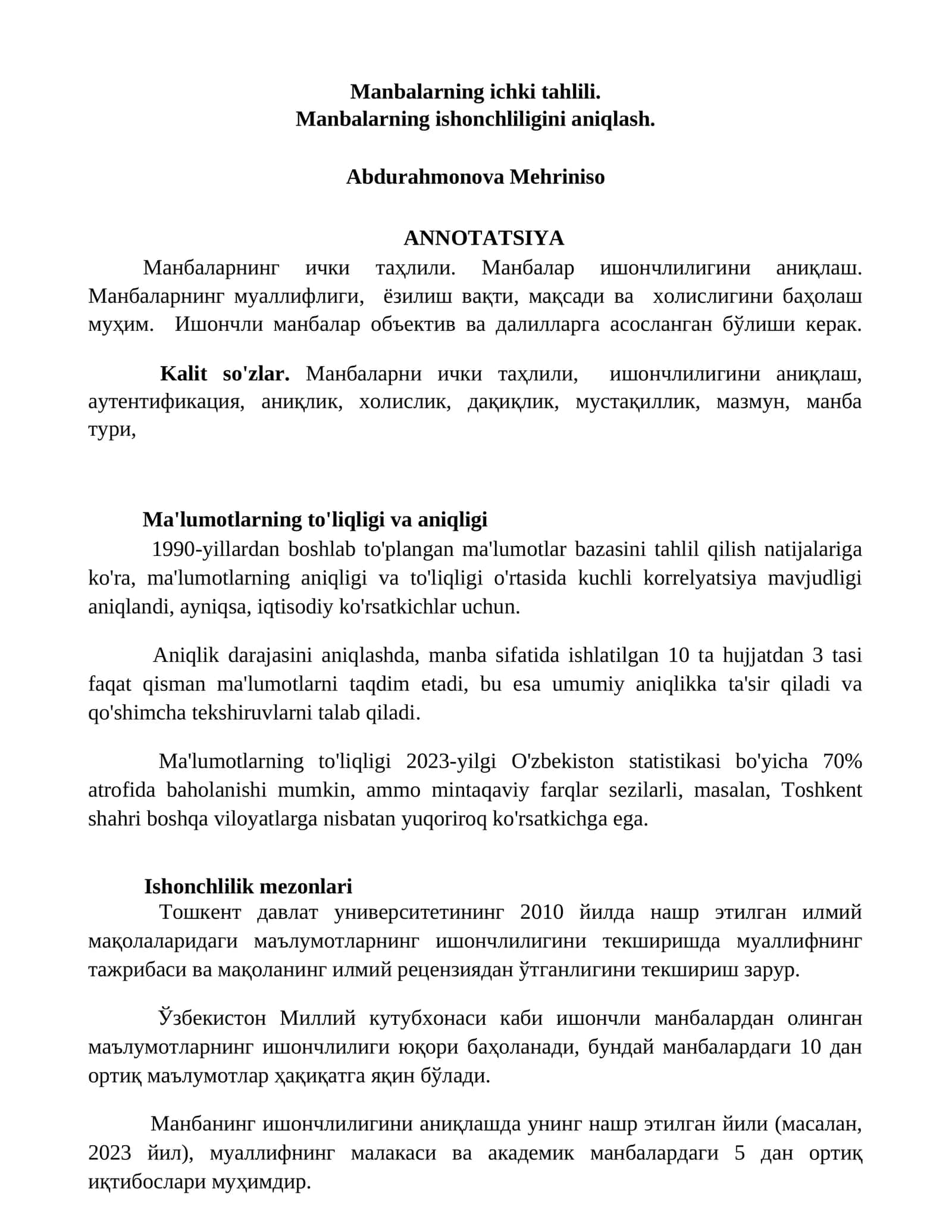 Manbalarning ichki tahlili 1