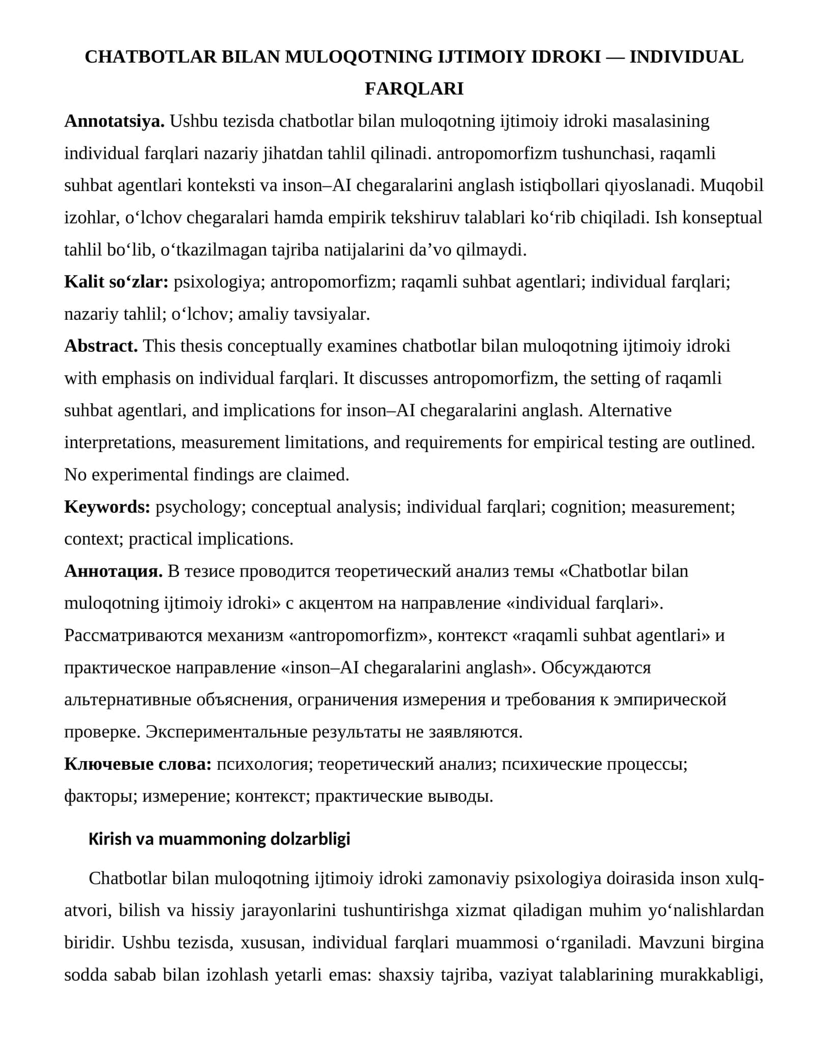 CHATBOTLAR BILAN MULOQOTNING IJTIMOIY IDROKI — INDIVIDUAL FARQLARI 1