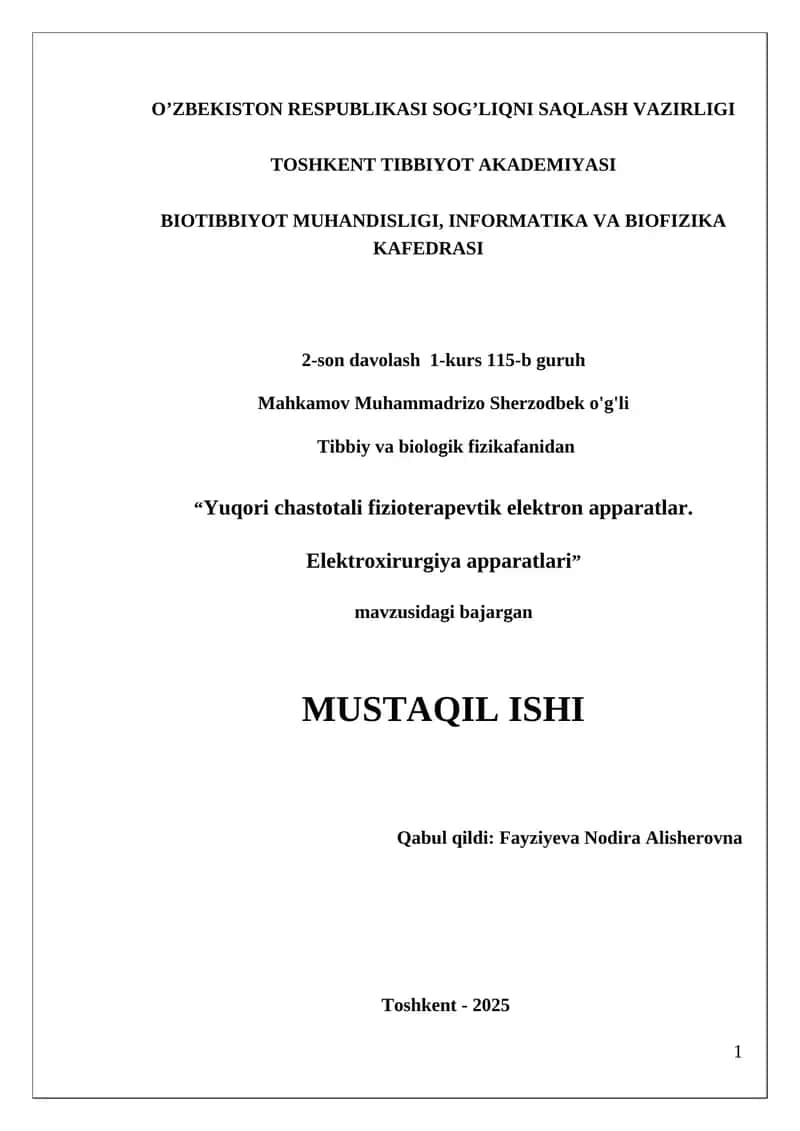 Yuqori chastotali fizioterapevtik elektron apparatlar va elektroxirurgiya apparatlari 1