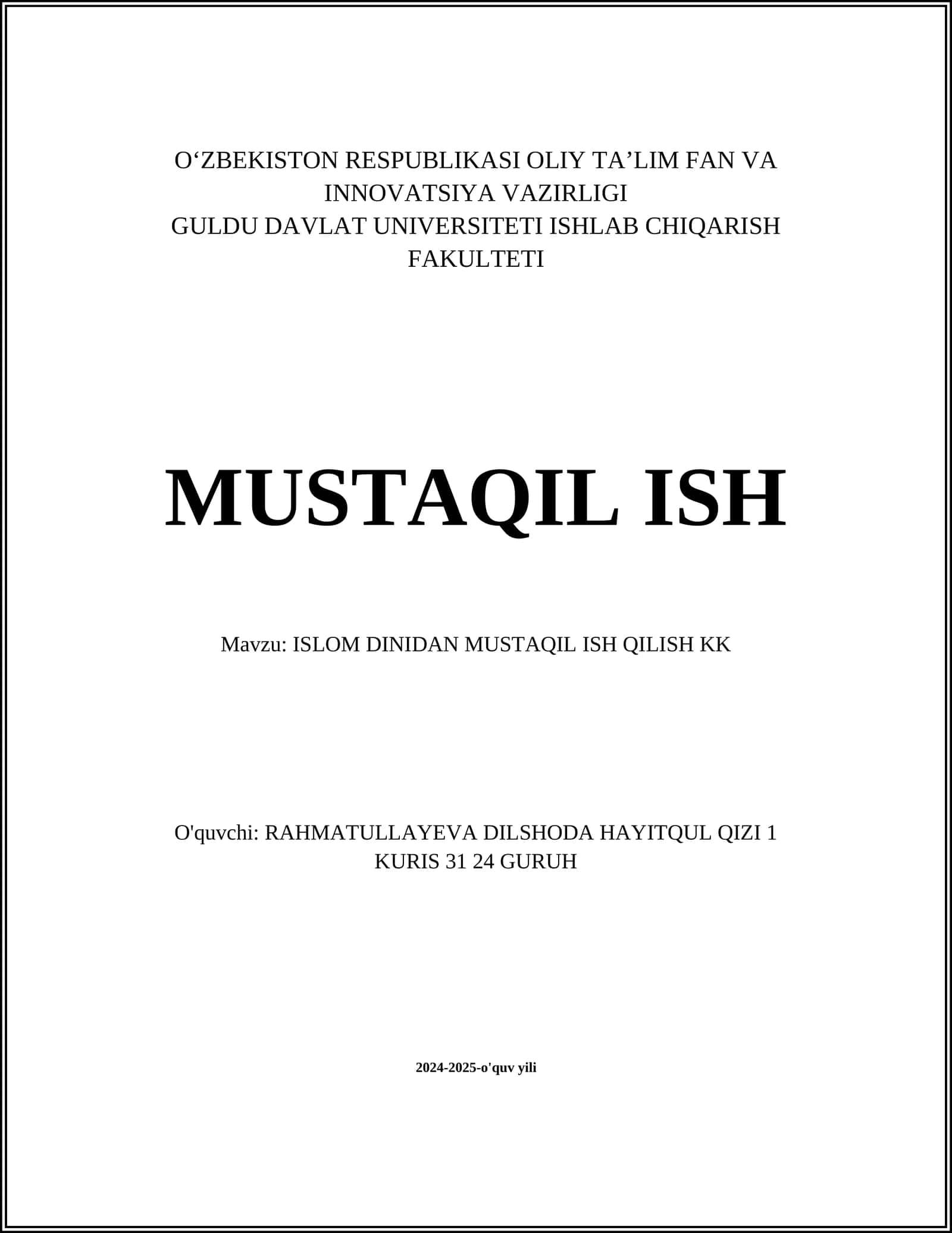 ISLOM DINIDAN MUSTAQIL ISH QILISH KK 1