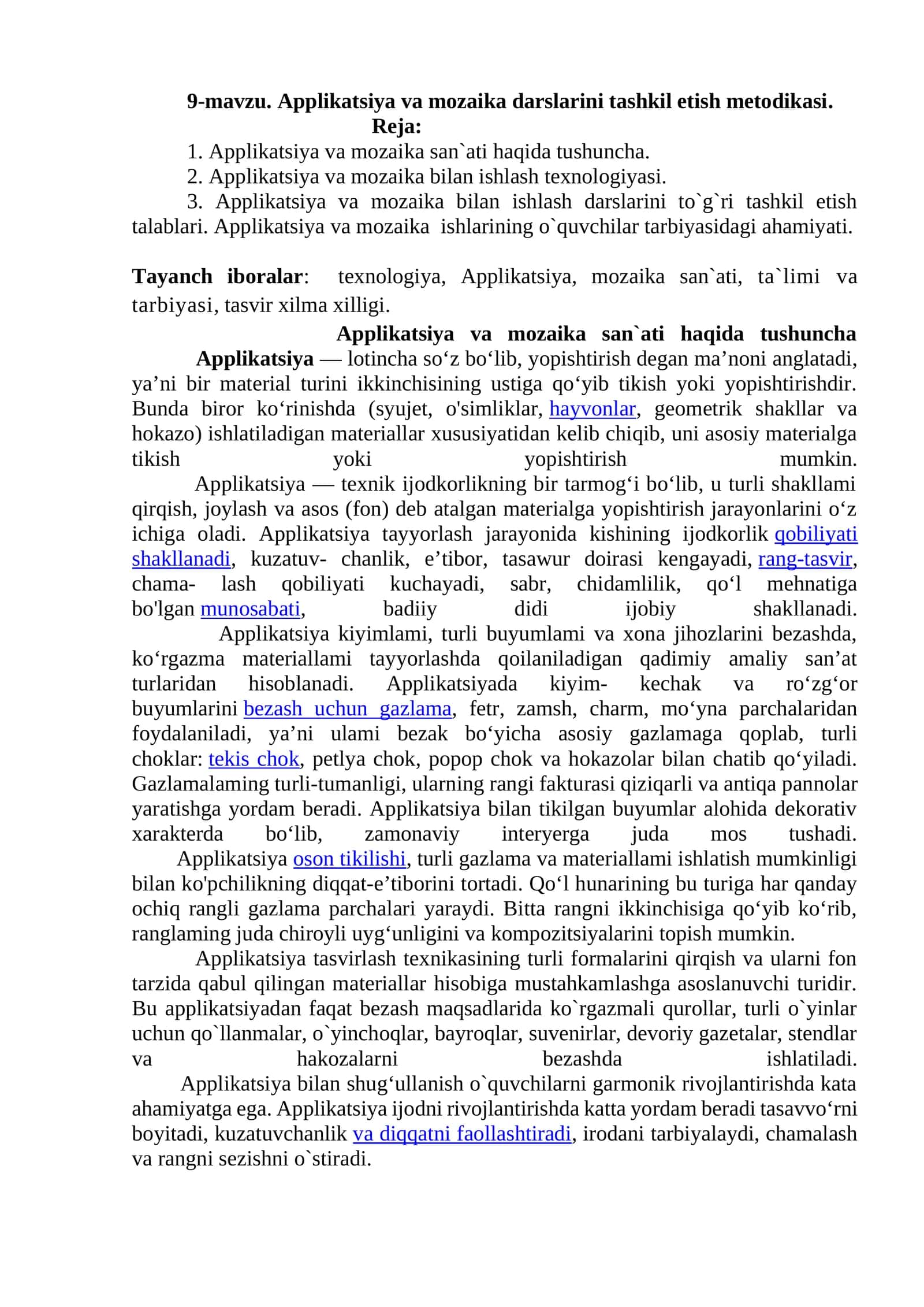Applikatsiya va mozaika darslarini tashkil etish metodikasi 1