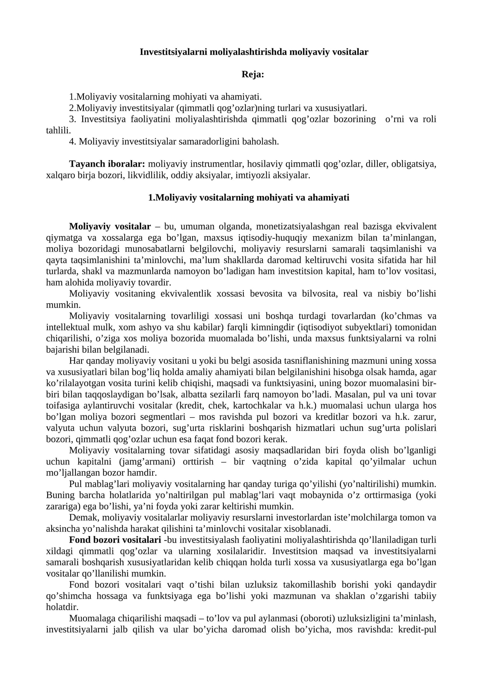 Investitsiyalarni moliyalashtirishda moliyaviy vositalar 1