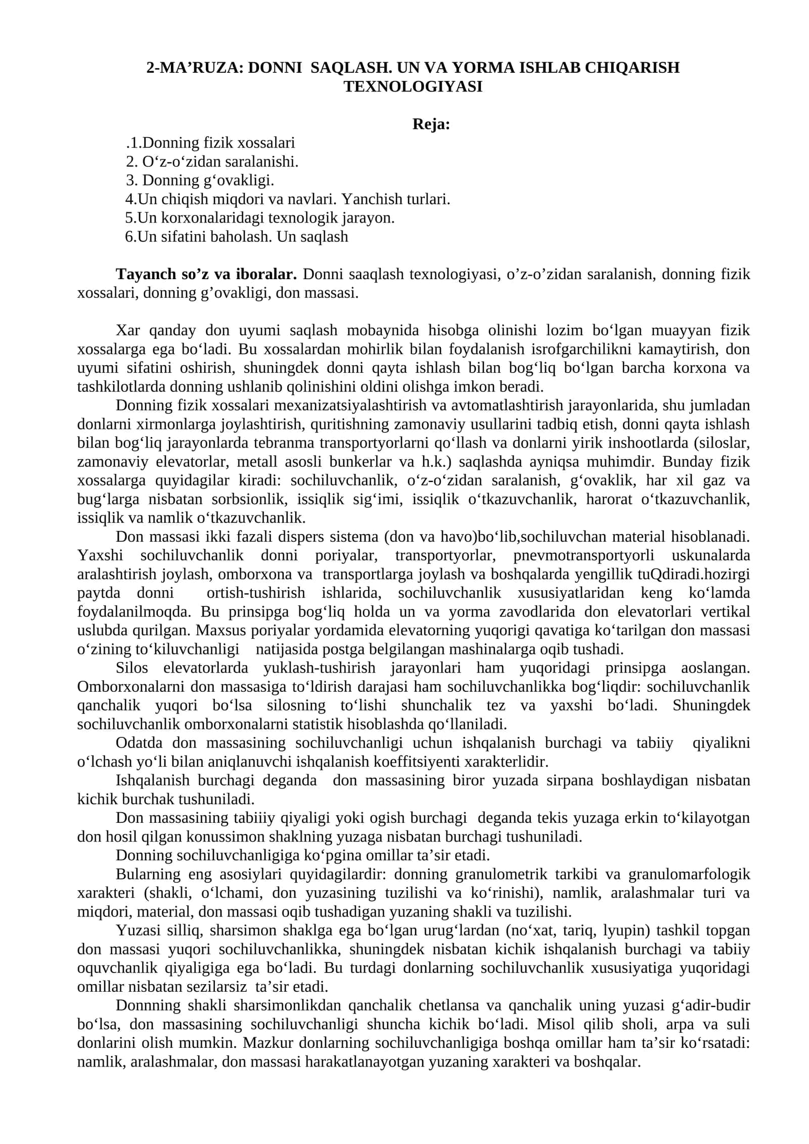 DONNI SAQLASH. UN VA YORMA ISHLAB CHIQARISH TEXNOLOGIYASI 1