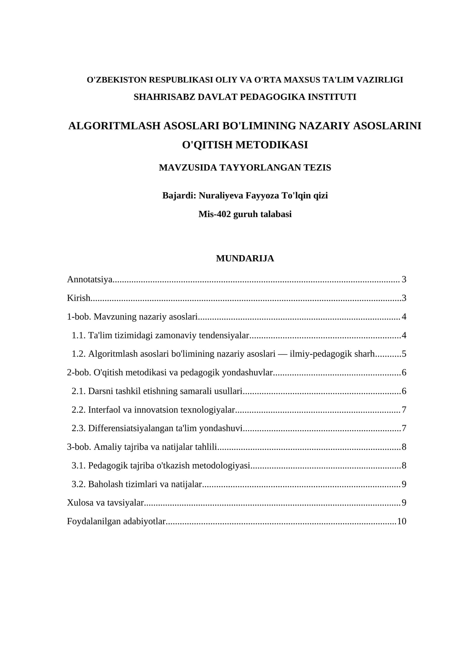 ALGORITMLASH ASOSLARI BO'LIMINING NAZARIY ASOSLARINI O'QITISH METODIKASI 1