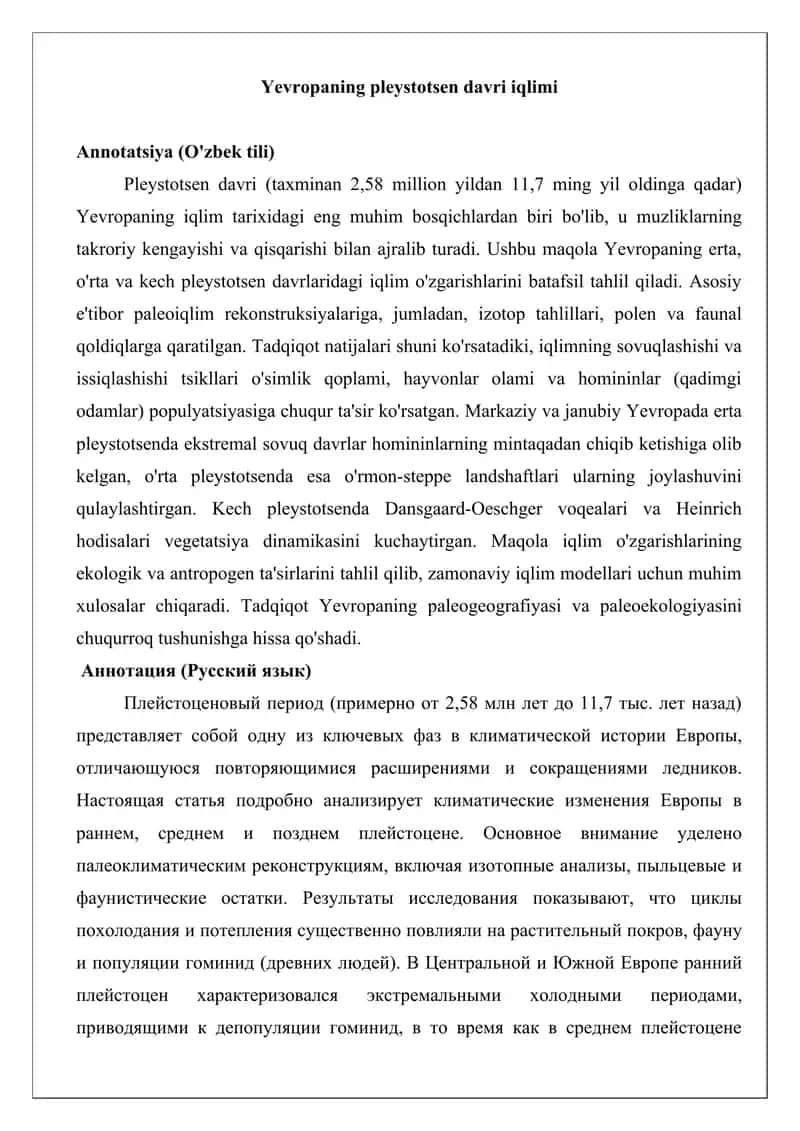Yevropaning pleystotsen davri iqlimi maqola. 1