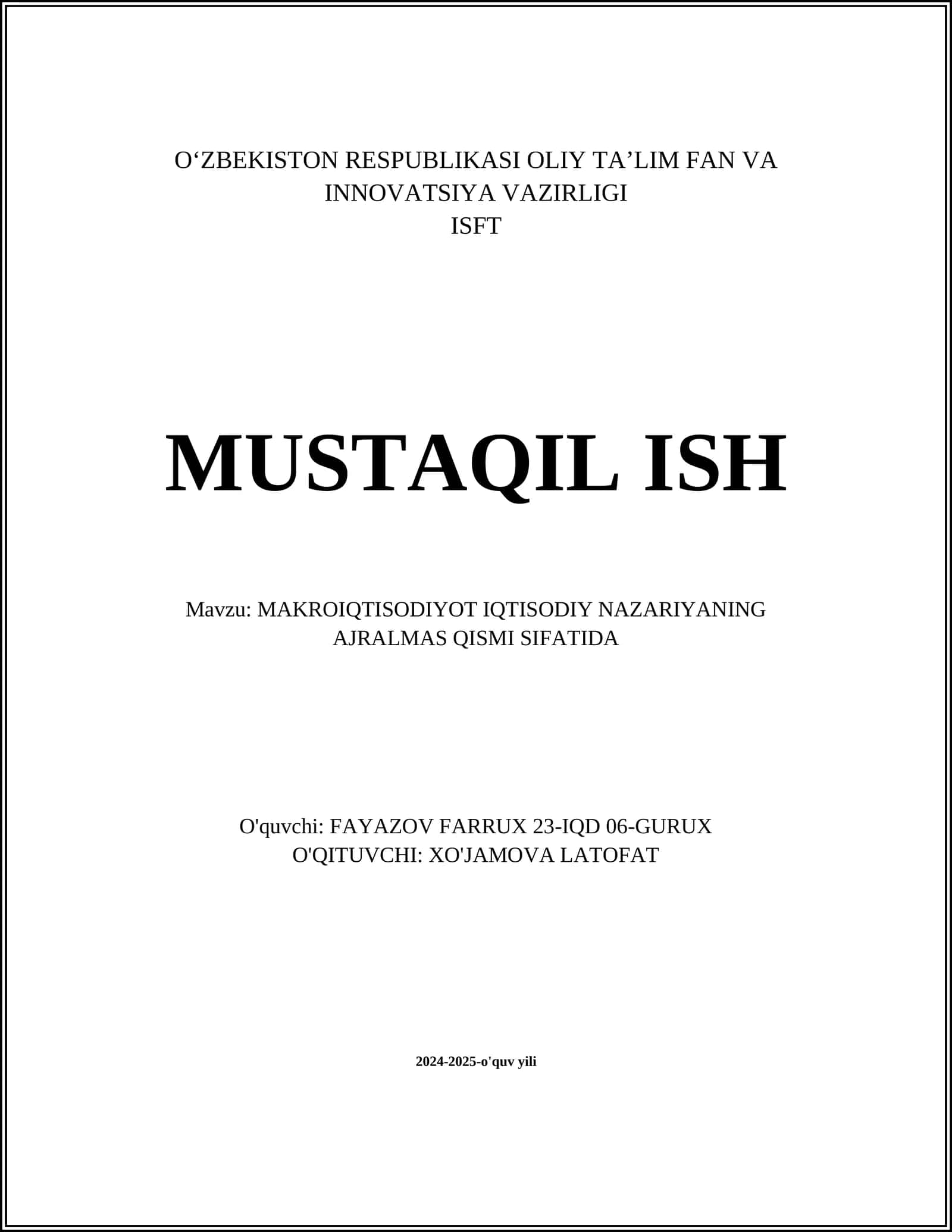 MAKROIQTISODIYOT IQTISODIY NAZARIYANING AJRALMAS QISMI SIFATIDA 1