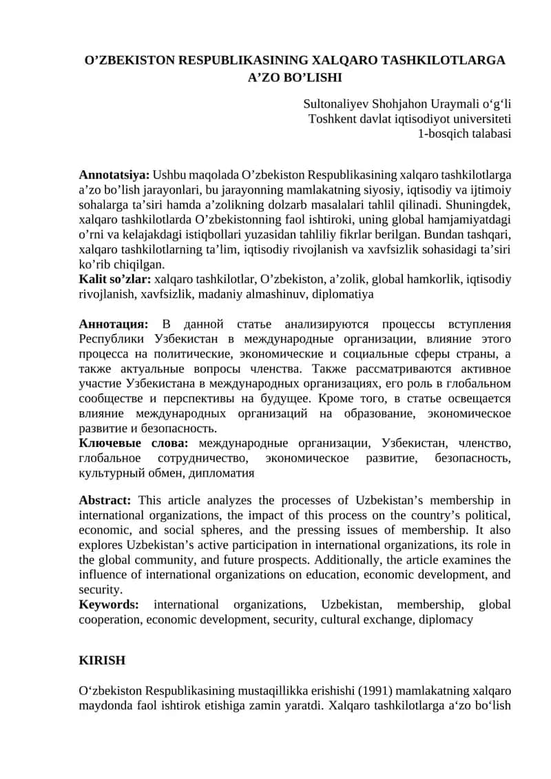 O’ZBEKISTON RESPUBLIKASINING XALQARO TASHKILOTLARGA A’ZO BO’LISHI 1