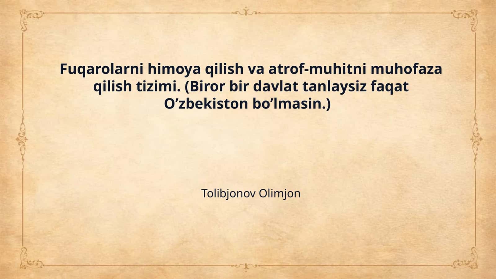 Fuqarolarni himoya qilish va atrof-muhitni muhofaza qilish tizimi. (Biror bir davlat tanlaysiz faqat O’zbekiston bo’lmasin.) 1