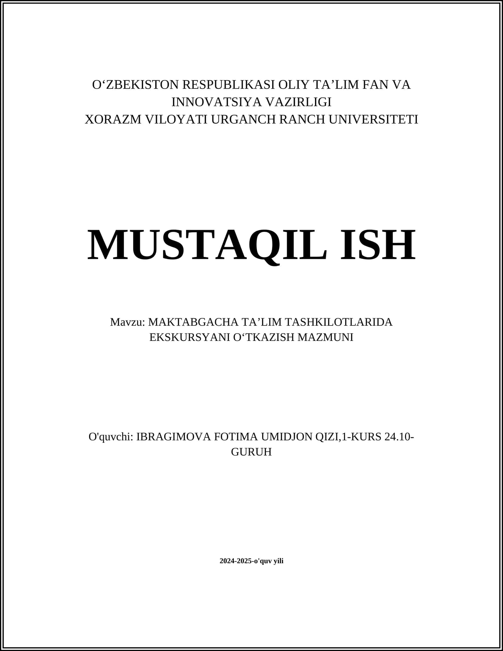 MAKTABGACHA TAʼLIM TASHKILOTLARIDA EKSKURSYANI OʻTKAZISH MAZMUNI 1