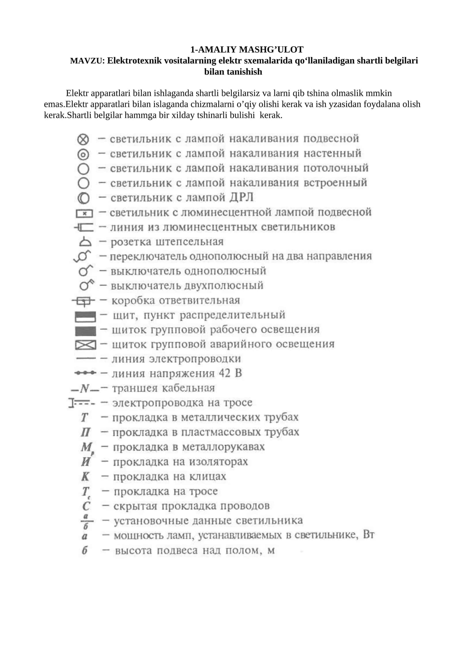 Elektrotexnik vositalarning elektr sxemalarida qo‘llaniladigan shartli belgilari 1