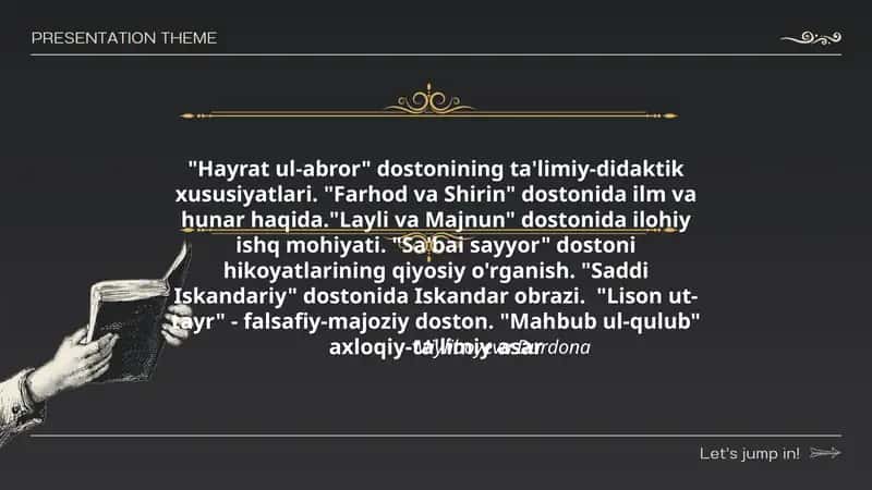 Hayrat ul-abror, Farhod va Shirin, Layli va Majnun, Sa'bai sayyor, Saddi Iskandariy, Lison ut-tayr, Mahbub ul-qulub 1