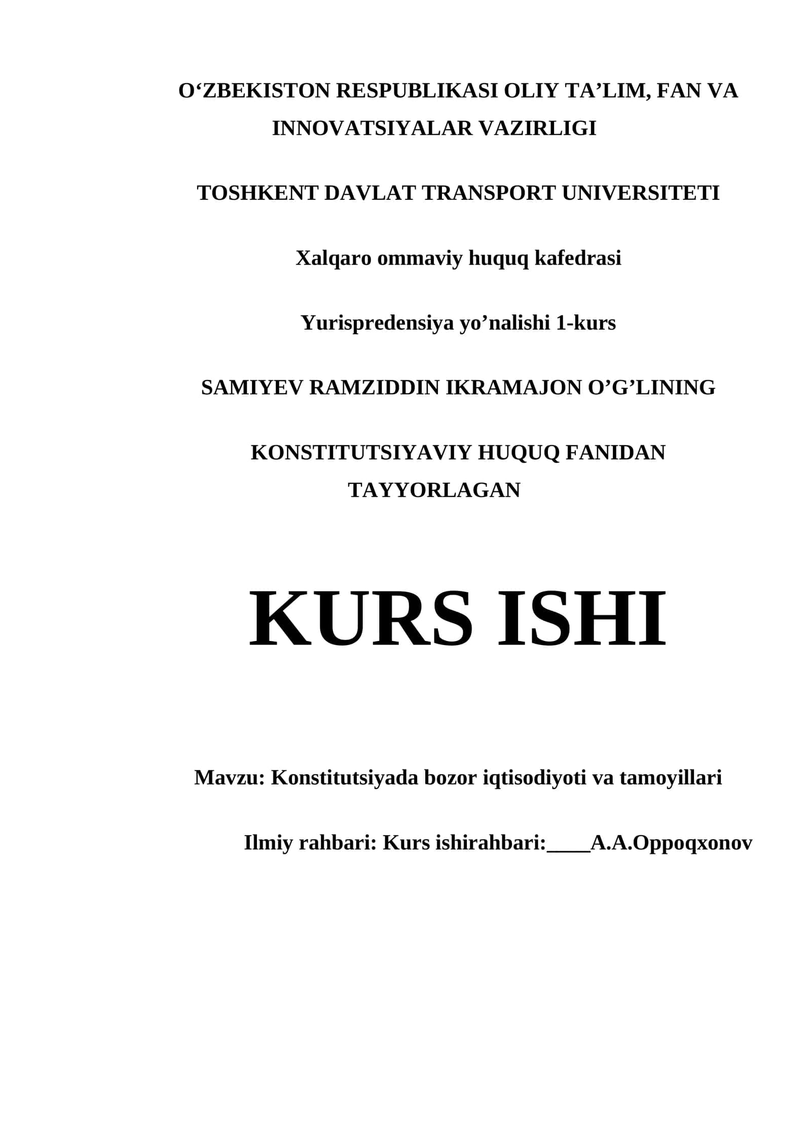 KONSTITUTSIYADA BOZOR IQTISODIYOTI VA TAMOYILLARI KURS ISHI 1