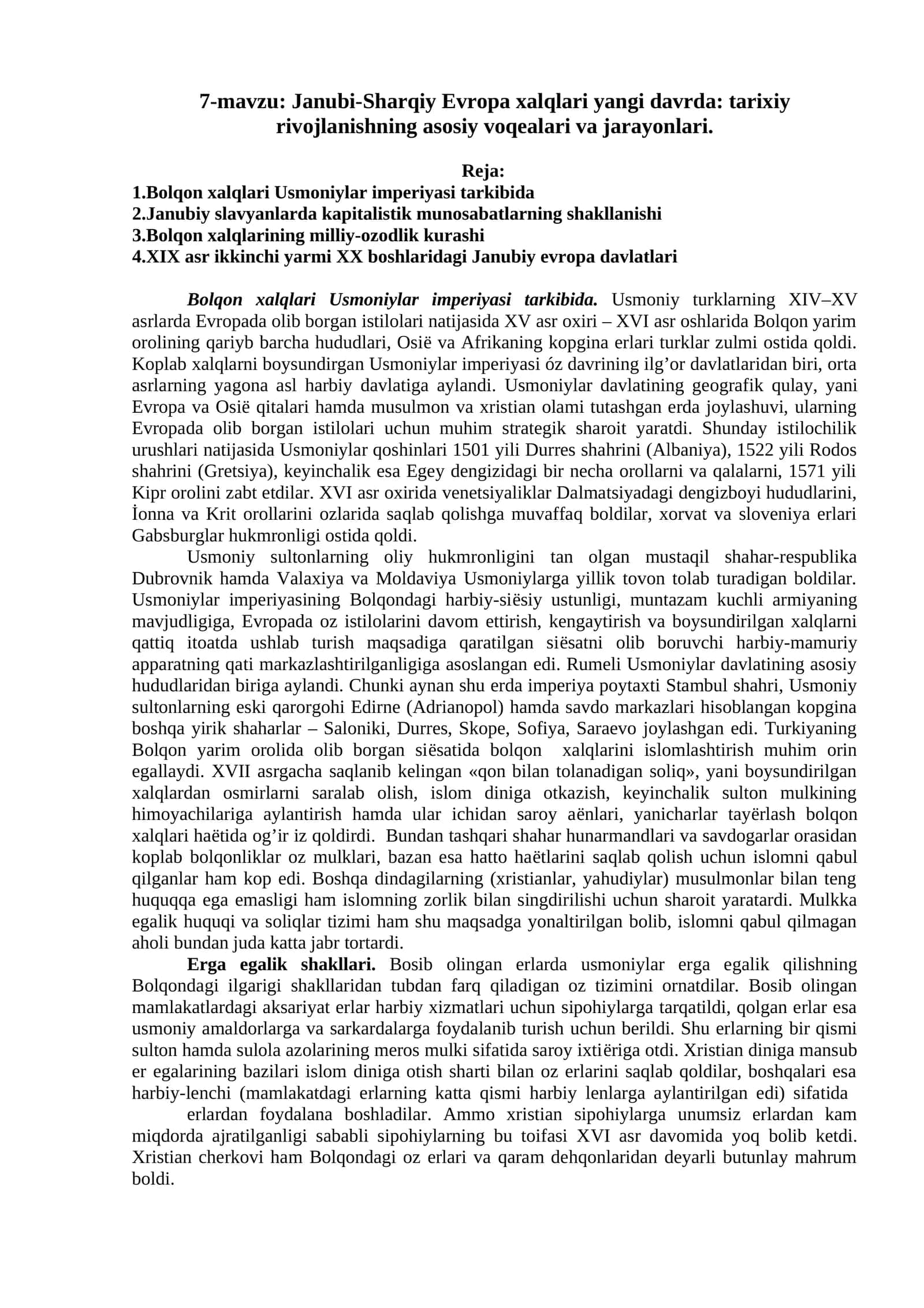 Janubi-Sharqiy Evropa xalqlari yangi davrda: tarixiy rivojlanishning asosiy voqealari va jarayonlari 1