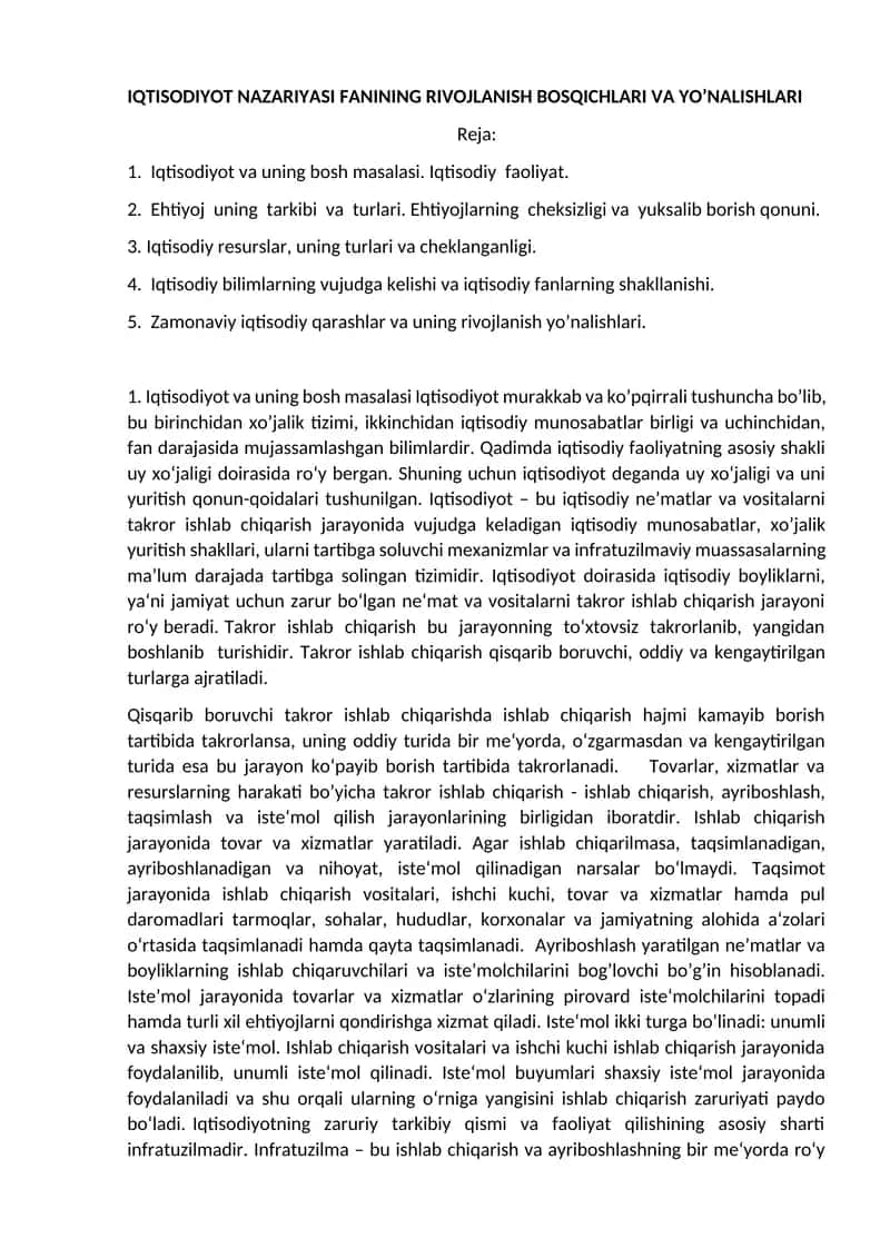 IQTISODIYOT NAZARIYASI FANINING RIVOJLANISH BOSQICHLARI VA YO’NALISHLARI 1