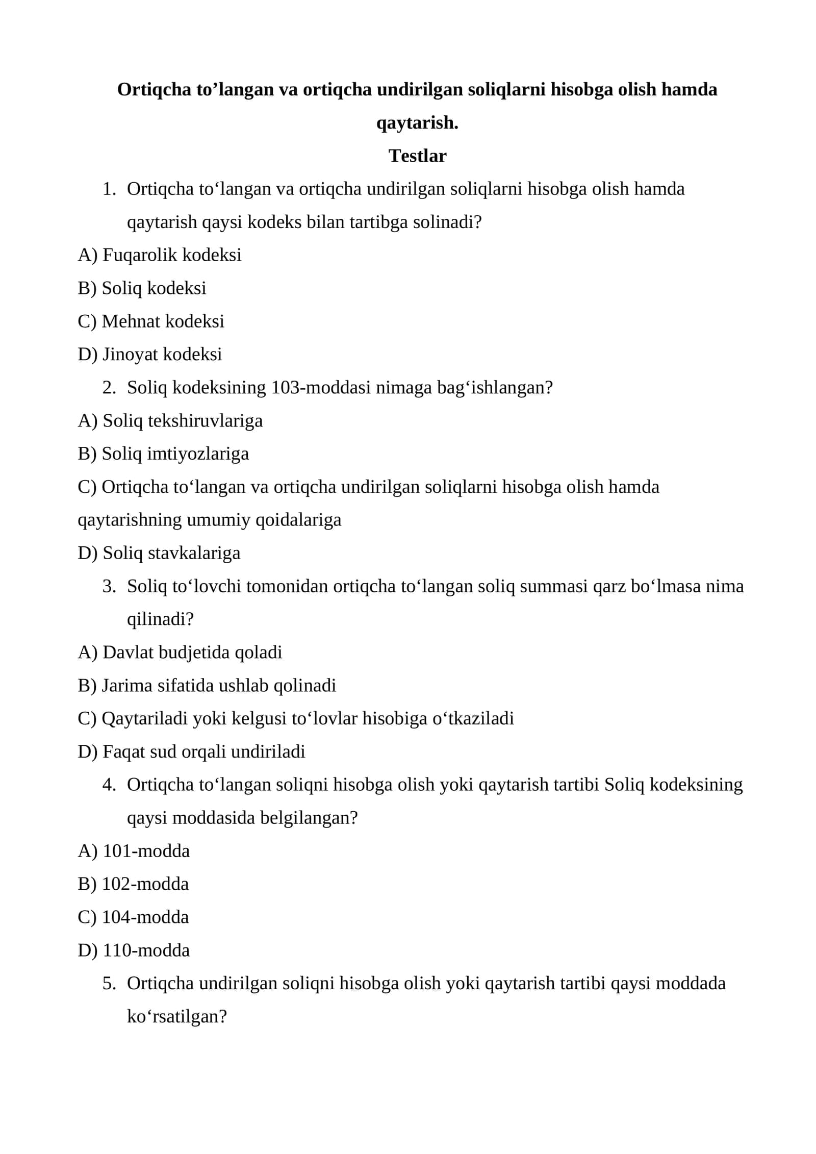 Ortiqcha to’langan va ortiqcha undirilgan soliqlarni hisobga olish hamda qaytarish 1
