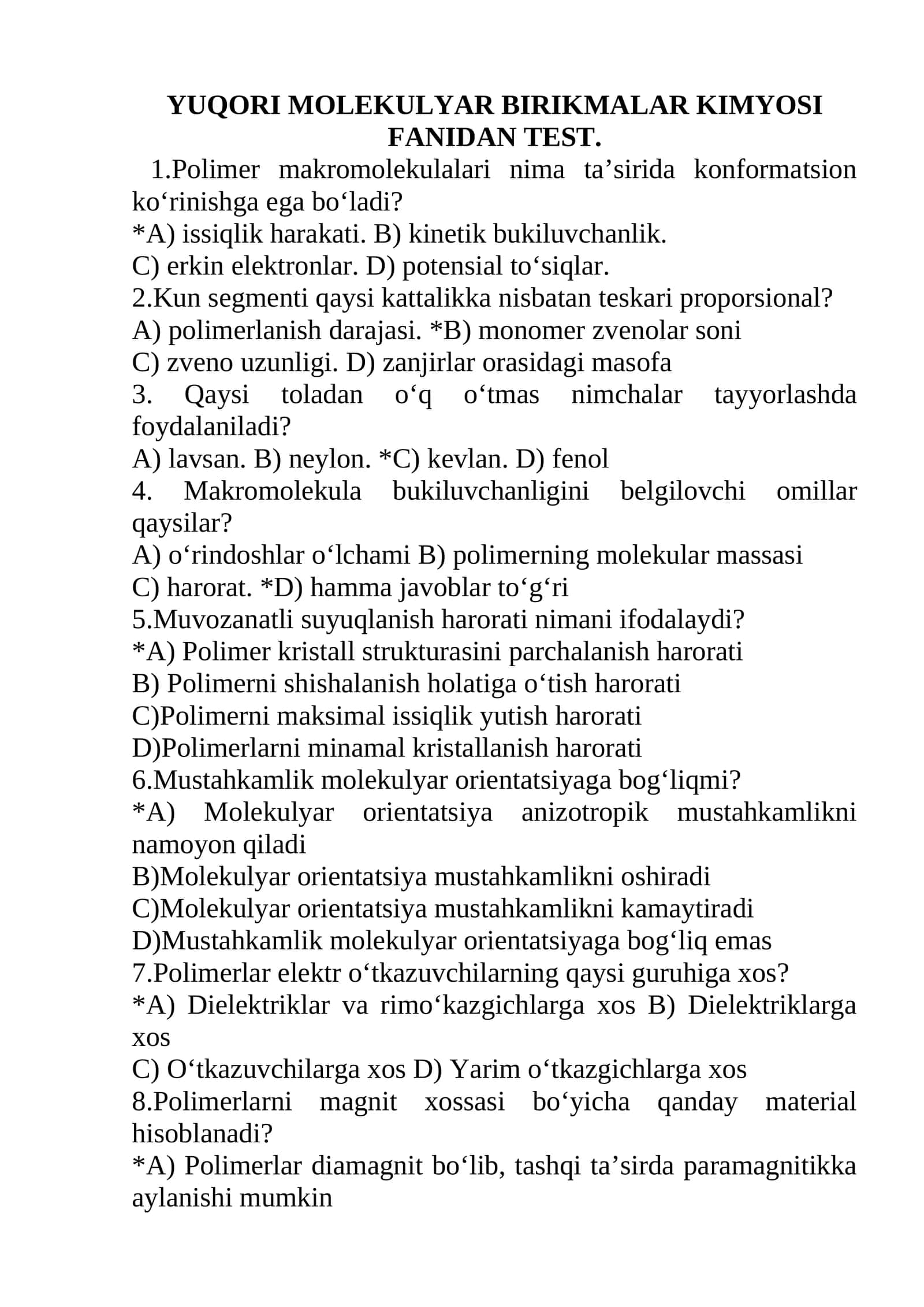 YUQORI MOLEKULYAR BIRIKMALAR KIMYOSI FANIDAN TEST. 1