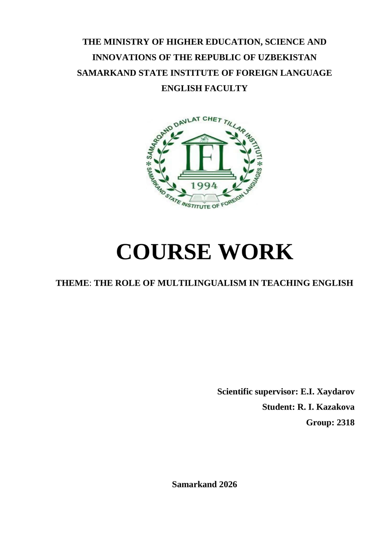 Course Work: The Role of Multilingualism in Teaching English 1