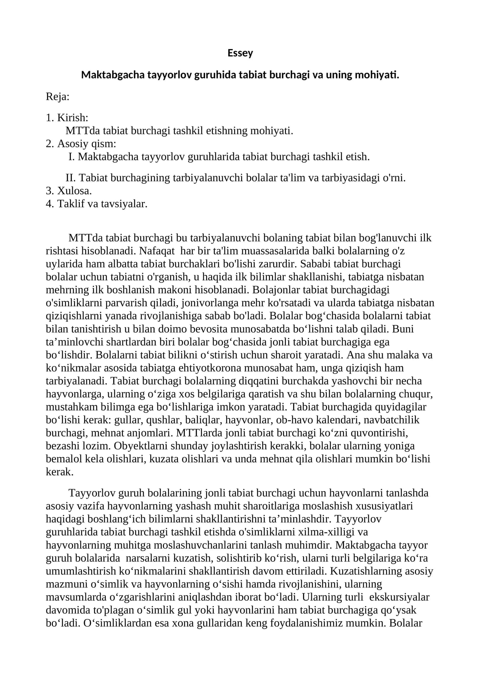 Maktabgacha tayyorlov guruhida tabiat burchagi va uning mohiyati. bo'yicha maruza 1
