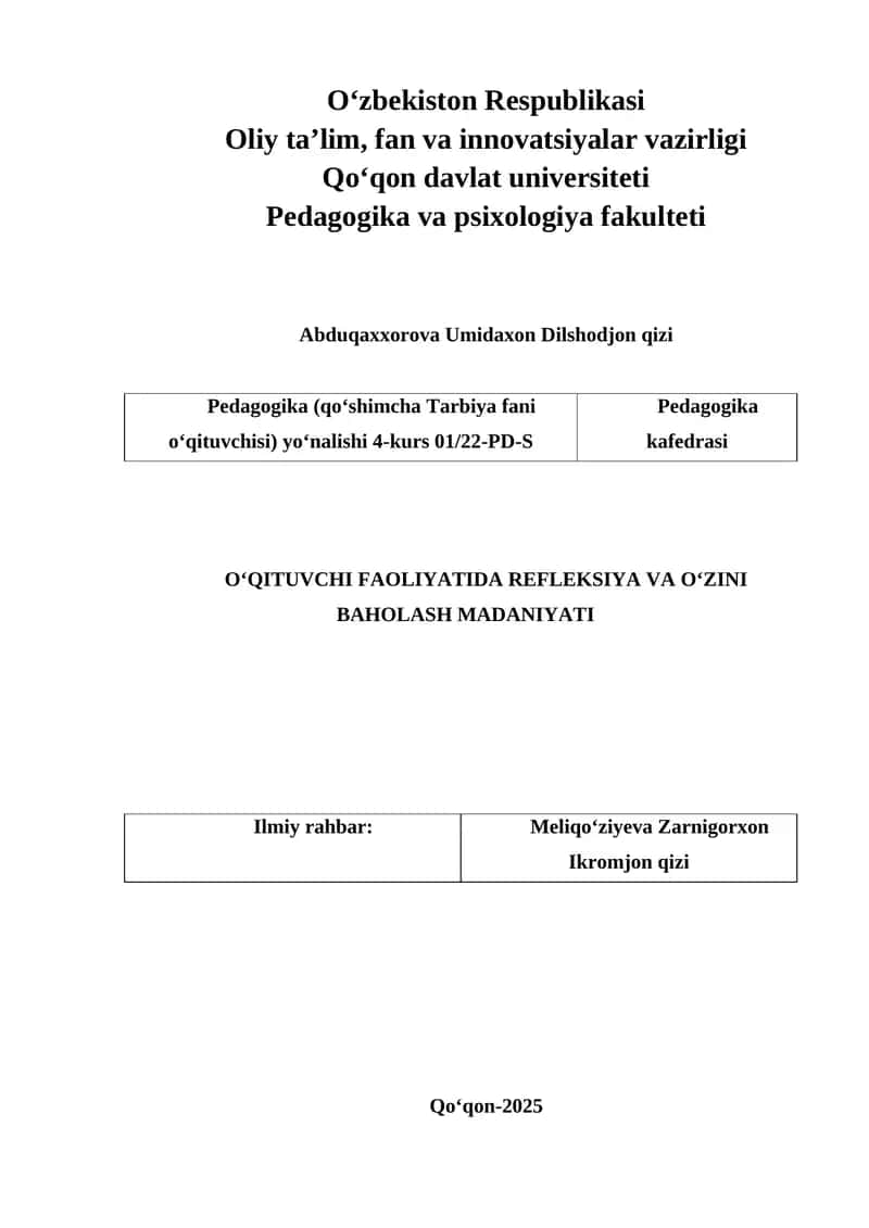 O‘QITUVCHI FAOLIYATIDA REFLEKSIYA VA O‘ZINI BAHOLASH MADANIYATI 1