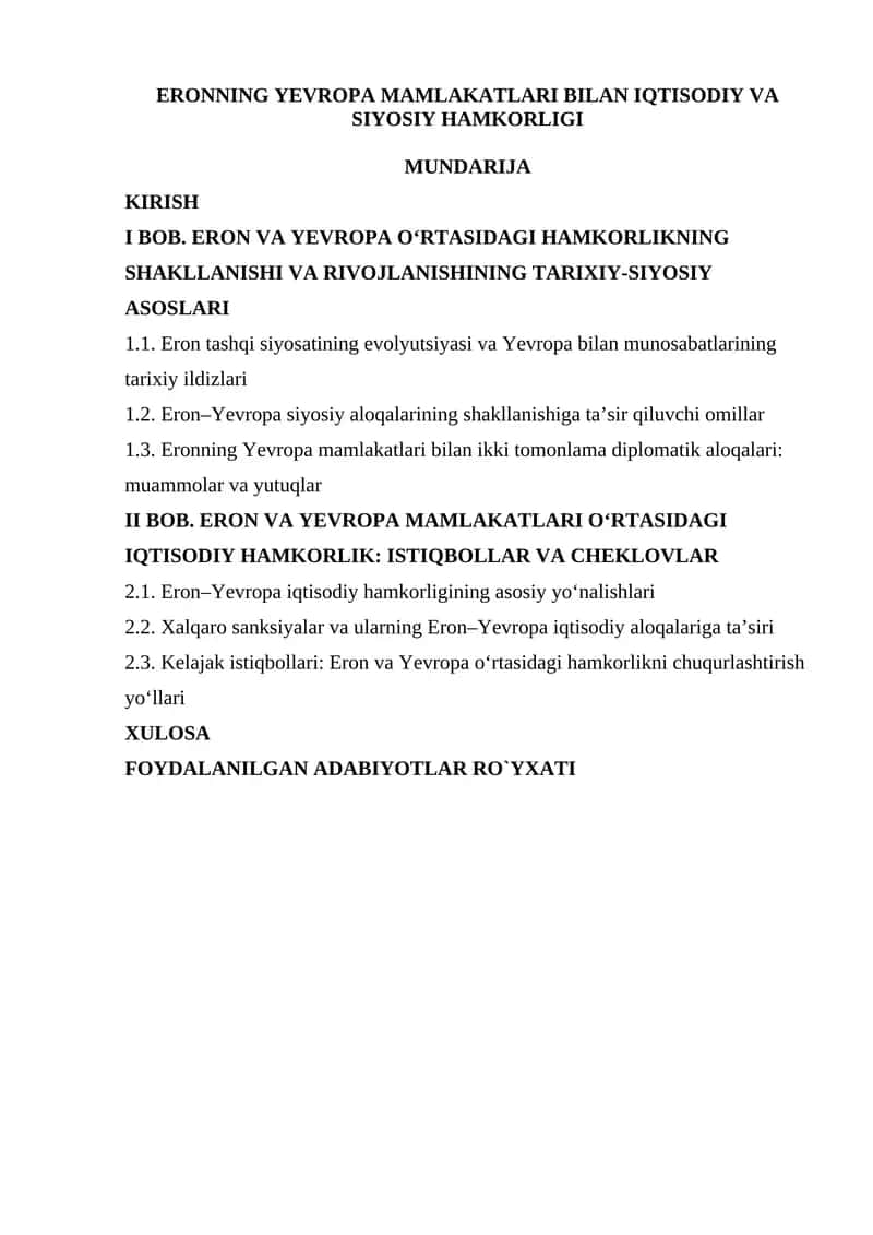 ERONNING YEVROPA MAMLAKATLARI BILAN IQTISODIY VA SIYOSIY HAMKORLIGI 1