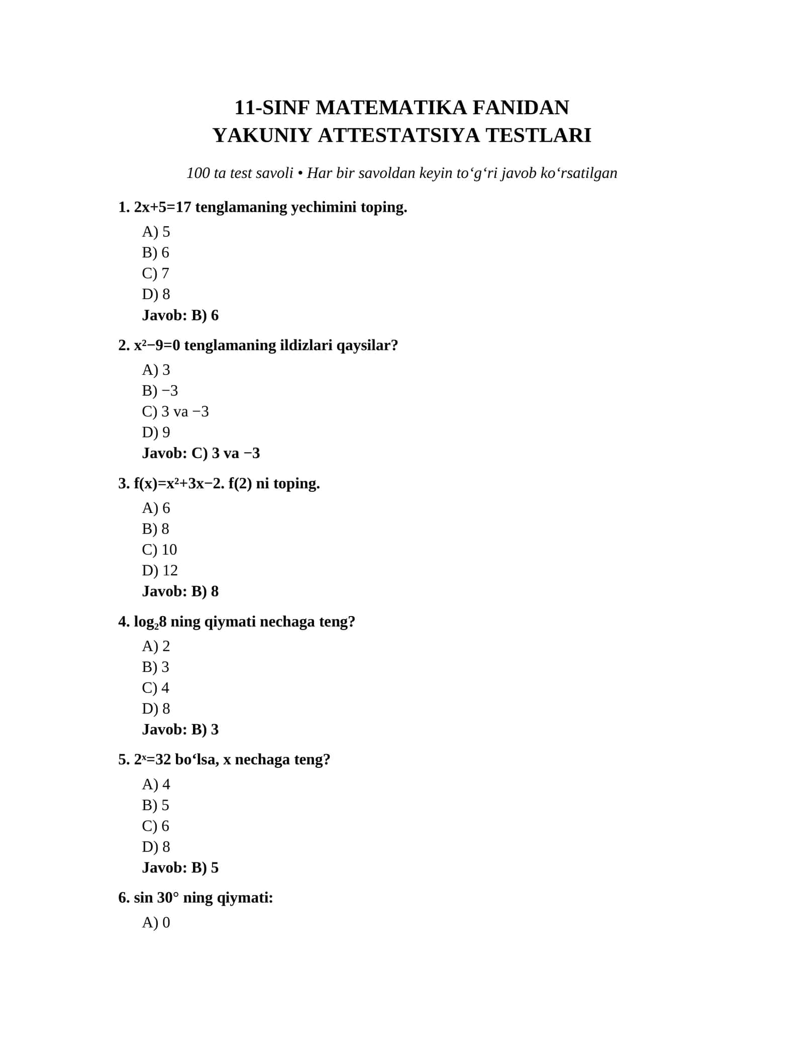 11-sinf bo'yicha matematika attatsatsiya testlari 1